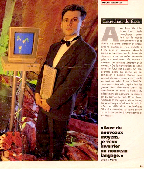 Bourse du Programme Explorations | Conseil des Arts du Canada | Première chorégraphie par Ordinateur au monde | Performance Analogic Dance | Montréal Canada | 1983-1985 | de Bruno Verdi | Article du Mensuel suisse ILLUSTRE | 1990