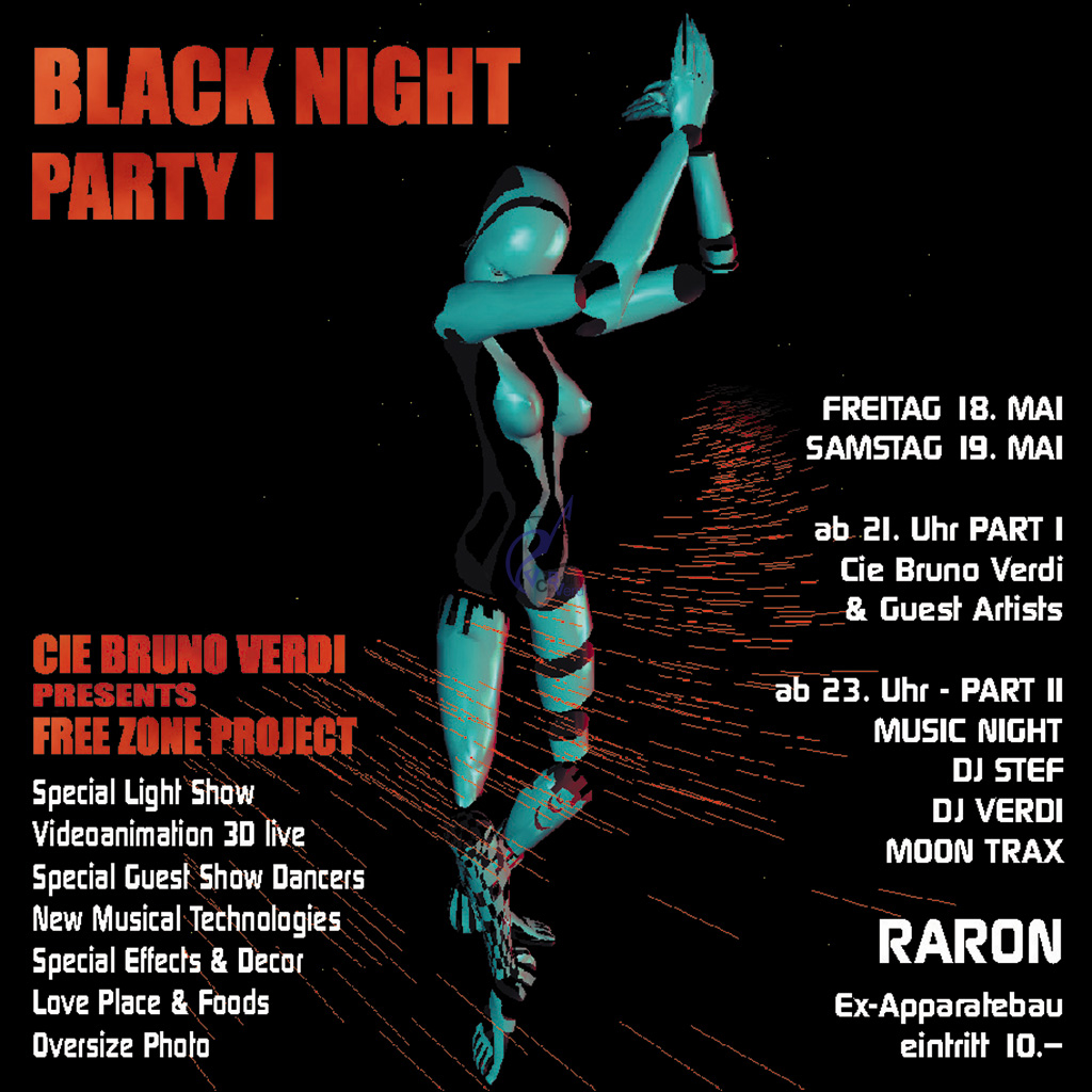 Première image 3D modélisée I Black Night Party I © Designer Bruno Verdi I Raron Suisse I 1999