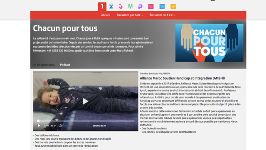 Action de donation et récupération de matériel par le TEAM de AMSHI Handicap | Partenaire Emission Chacun pour Tous | Radio Suisse Romande | Genève | Participation de cliniques hôpitaux fondations et de centaines de citoyens suisses | Suisse | 2018-2019